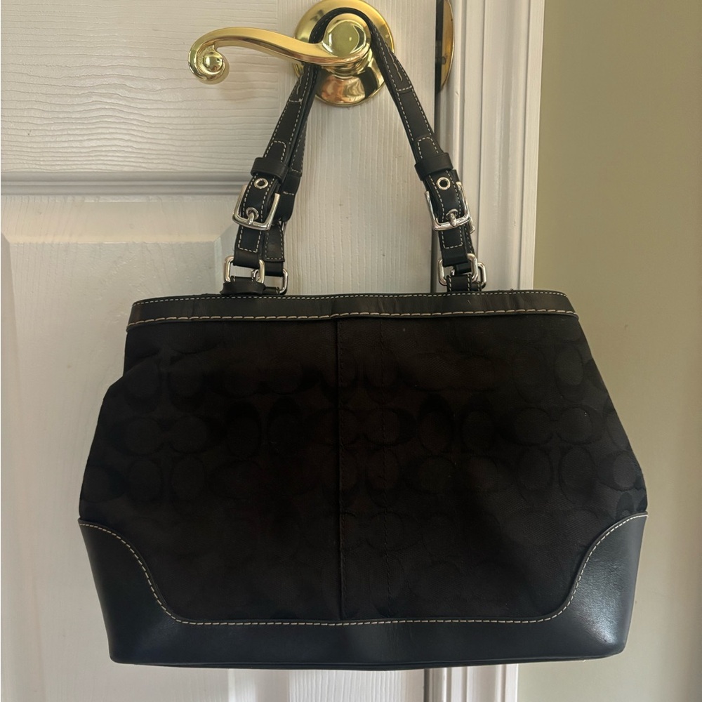 Authentic COACH Black Signature Jacquard & Black Leather Satchel Bag